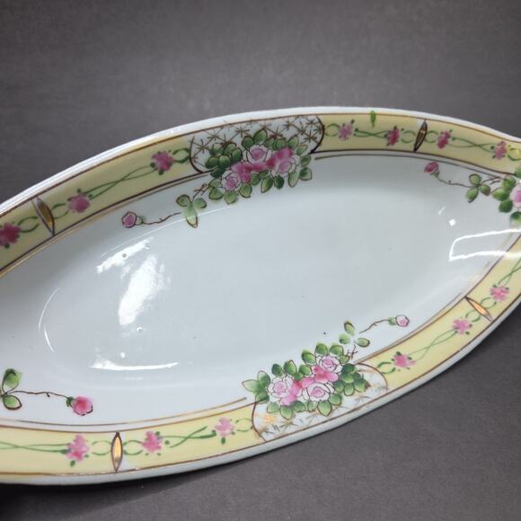 Nippon Hand Painted Celery Dish Pink Floral Porcelain 11in Chintz - Picture 12 of 16